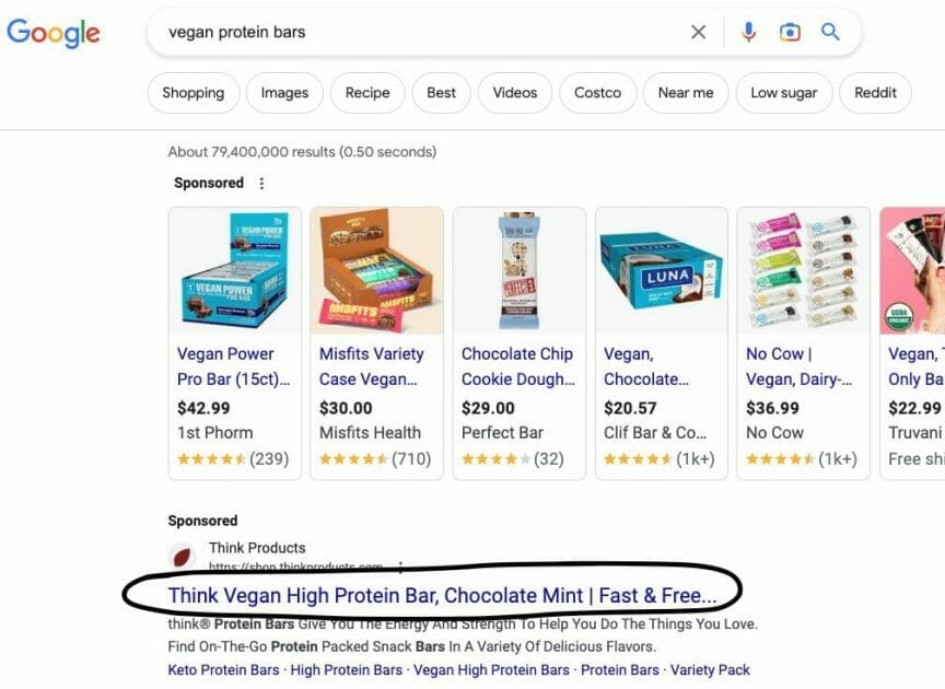 Sample Google search for "Vegan protein bar"