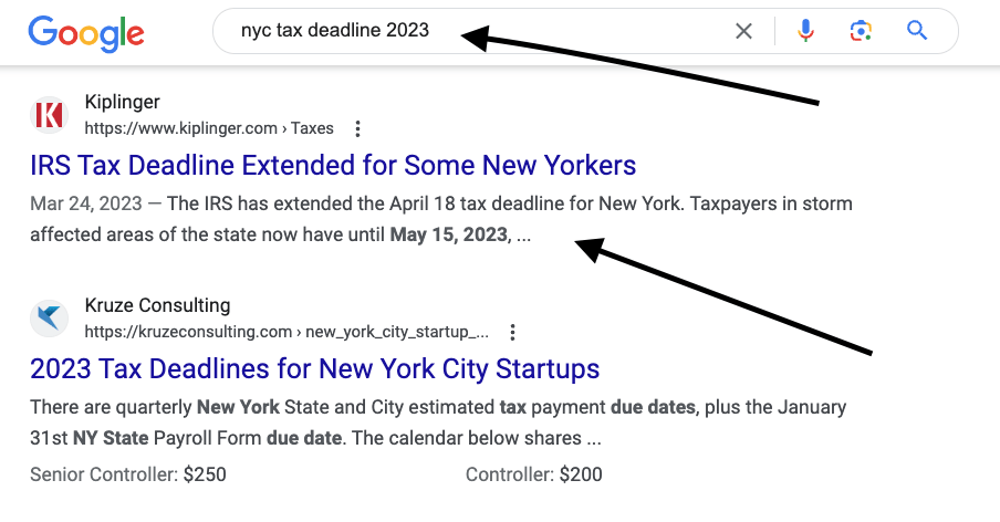Google search for keywords "NYC tax deadlines"