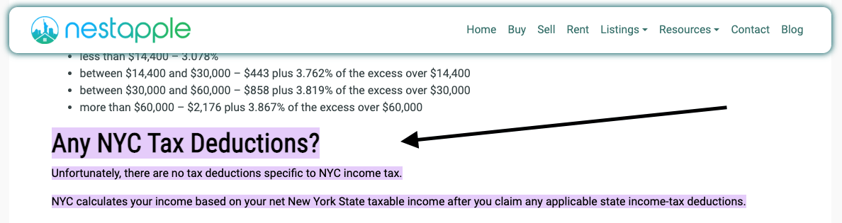 Screenshot with "NYC tax deductions" sample search