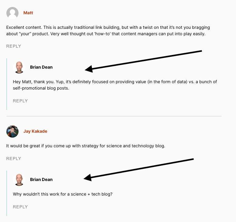 Examples of responding to comments from website Backlinko