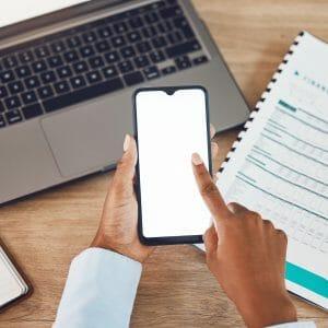 Financial black woman, phone or laptop mock up screen for fintech app, finance accounting website o