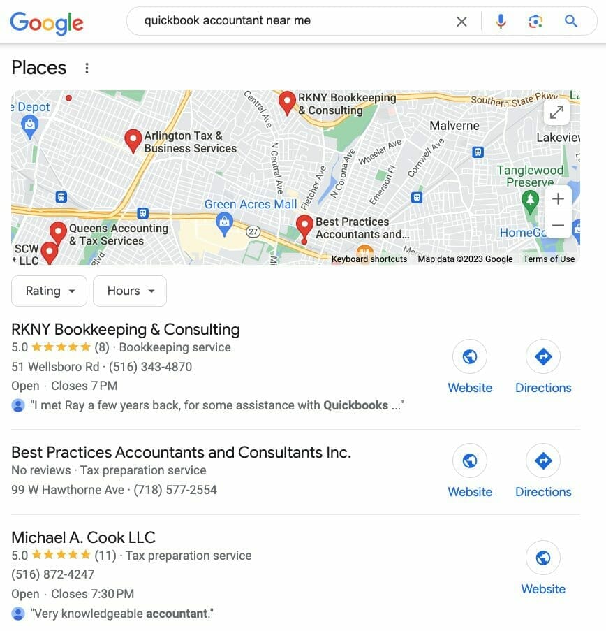 Sample Google search for "quickbook accountant near me"