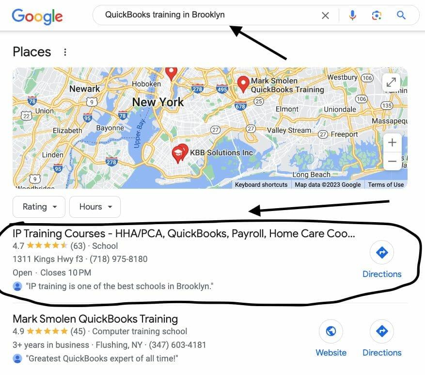 Sample search showcasing local SEO for keyword "Quickbooks"