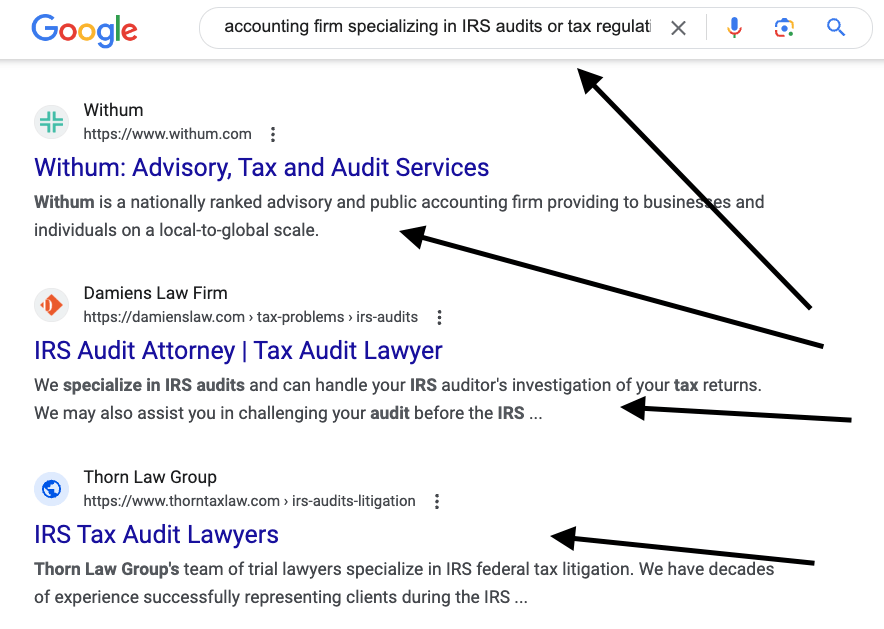 Sample Google search for keywords "accounting firm specializing in IRS audits or tax regulation"
